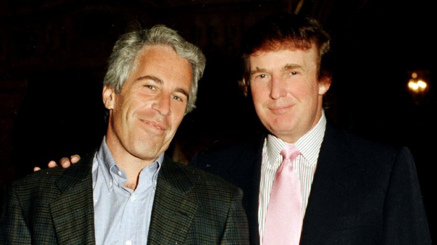 Portrait of American financier Jeffrey Epstein, left, and Donald Trump as they pose together at the Mar-a-Lago estate in Palm Beach, Florida, in 1997.