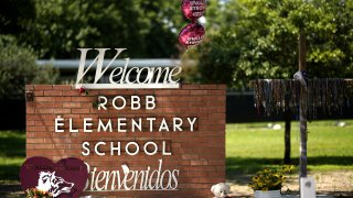 This photo taken on May 24, 2023 shows flowers and toys placed to mourn for victims of a school mass shooting at the former Robb Elementary School in Uvalde, Texas, the United States. The one-year anniversary of the school shooting killing 19 pupils and two teachers in Uvalde in the U.S. state of Texas arrives on Wednesday, marked by deep frustration as gun violence appears more rampant across the country. (Photo by Wu Xiaoling/Xinhua via Getty Images)