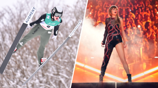 Josie Johnson, left, of the USA competes during the Large Hill of the FIS Women’s Ski Jumping Sapporo at Okurayama Jump Stadium on Jan. 14, 2024 in Sapporo, Hokkaido, Japan. Taylor Swift, right, performs on stage at State Farm Stadium.