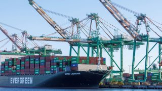 A container ship is shown at the Port of Los Angeles in Los Angeles, California, November 22, 2021.