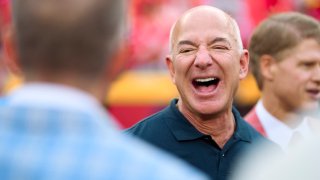 Jeff Bezos looks on from the sidlines before kickoff between the Kansas City Chiefs and Los Angeles Chargers at GEHA Field at Arrowhead Stadium on September 15, 2022 in Kansas City, Missouri. The Amazon founder and chairman is one of the world’s richest men.