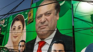 Campaign posters for Nawaz Sharif, Pakistan’s former prime minister, along a street ahead of Pakistan’s national election in Lahore, Pakistan, on Friday, Feb. 2, 2024. 