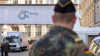 A member of the German armed forces near the venue for the Munich Security Conference in Munich, Germany, on Thursday, Feb. 15, 2024.
