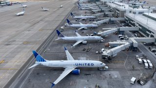 United Airlines planes at Denver International Airport.