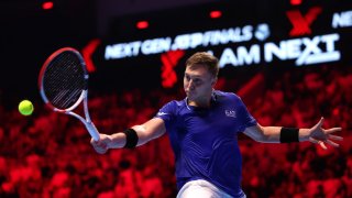 Hamad Medjedovic of Serbia plays a backhand to Arthur Fils of France in the final during day five of the Next Gen ATP Finals at King Abdullah Sports City in Jeddah, Saudi Arabia, on Dec. 2, 2023.