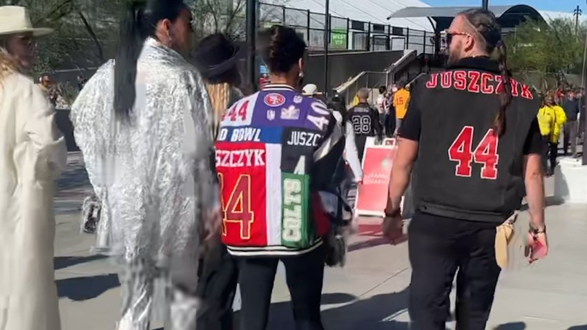 Kristin Juszczyk arrives at Super Bowl 58 with custom jacket