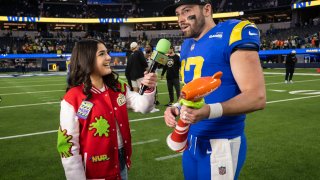 FILE – Los Angeles Rams quarterback Baker Mayfield (17) interviews after being selected as Nickelodeon NVP after an NFL football game against the Denver Broncos, Dec. 25, 2022, in Inglewood, Calif.