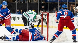 New York Rangers goaltender Igor Shesterkin (31) saves a shot from Dallas Stars center Tyler Seguin (91) during the third period of an NHL hockey game on Tuesday, Feb. 20, 2024 in New York. (AP Photo/Peter K. Afriyie)