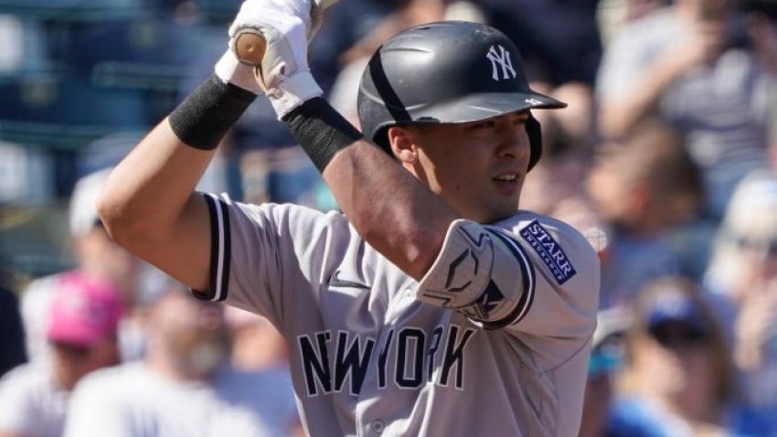 Anthony Volpe #11 of the New York Yankees bats against the Kansas City Royals in the first inning at Kauffman Stadium on October 01, 2023