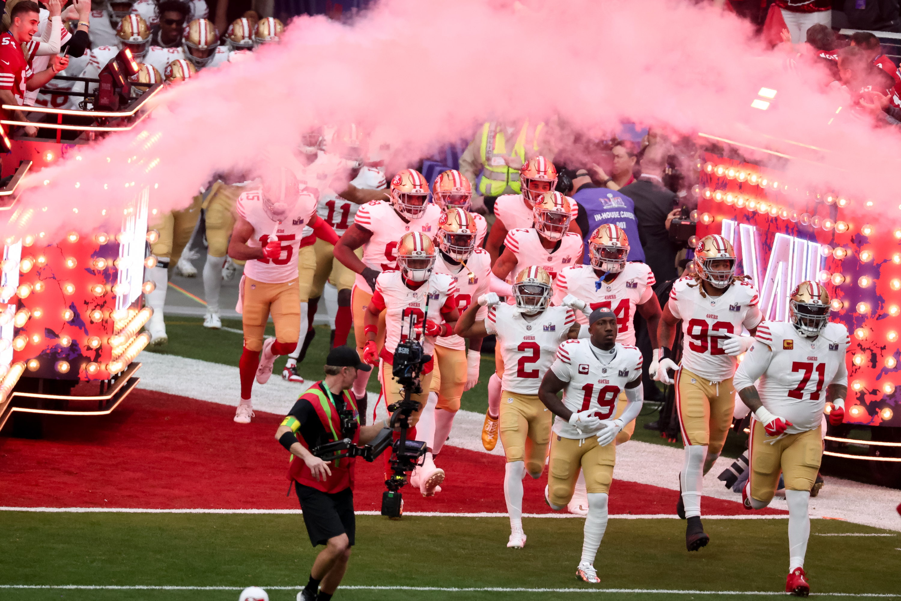 The San Francisco 49ers at the Super Bowl LVIII Pregame held at Allegiant Stadium on February 11, 2024 in Paradise, Nevada.<br><em>(Photo by Christopher Polk/Billboard via Getty Images)</em>