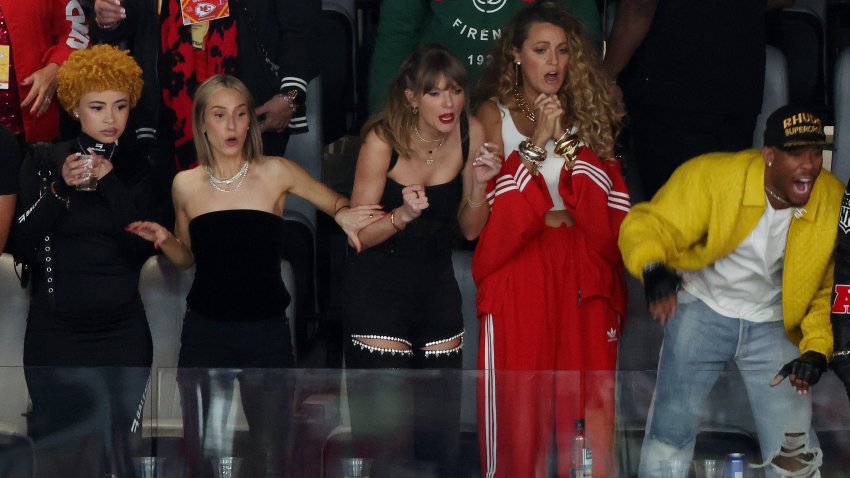 Taylor Swift watches Super Bowl 58 with Ice Spice, Blake Lively and others at Allegiant Stadium in Las Vegas.