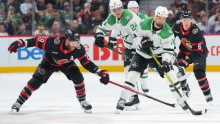 OTTAWA, CANADA – FEBRUARY 22: Jamie Benn #14 of the Dallas Stars controls the puck against Claude Giroux #28 of the Ottawa Senators during the second period at Canadian Tire Centre on February 22, 2024 in Ottawa, Ontario, Canada.