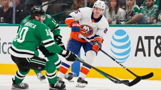 DALLAS, TEXAS – FEBRUARY 26: Sebastian Aho #25 of the New York Islanders is defended by Ty Dellandrea #10 of the Dallas Stars during the third period at American Airlines Center on February 26, 2024 in Dallas, Texas.