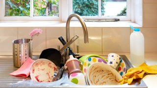 Dirty dishes in the sink.