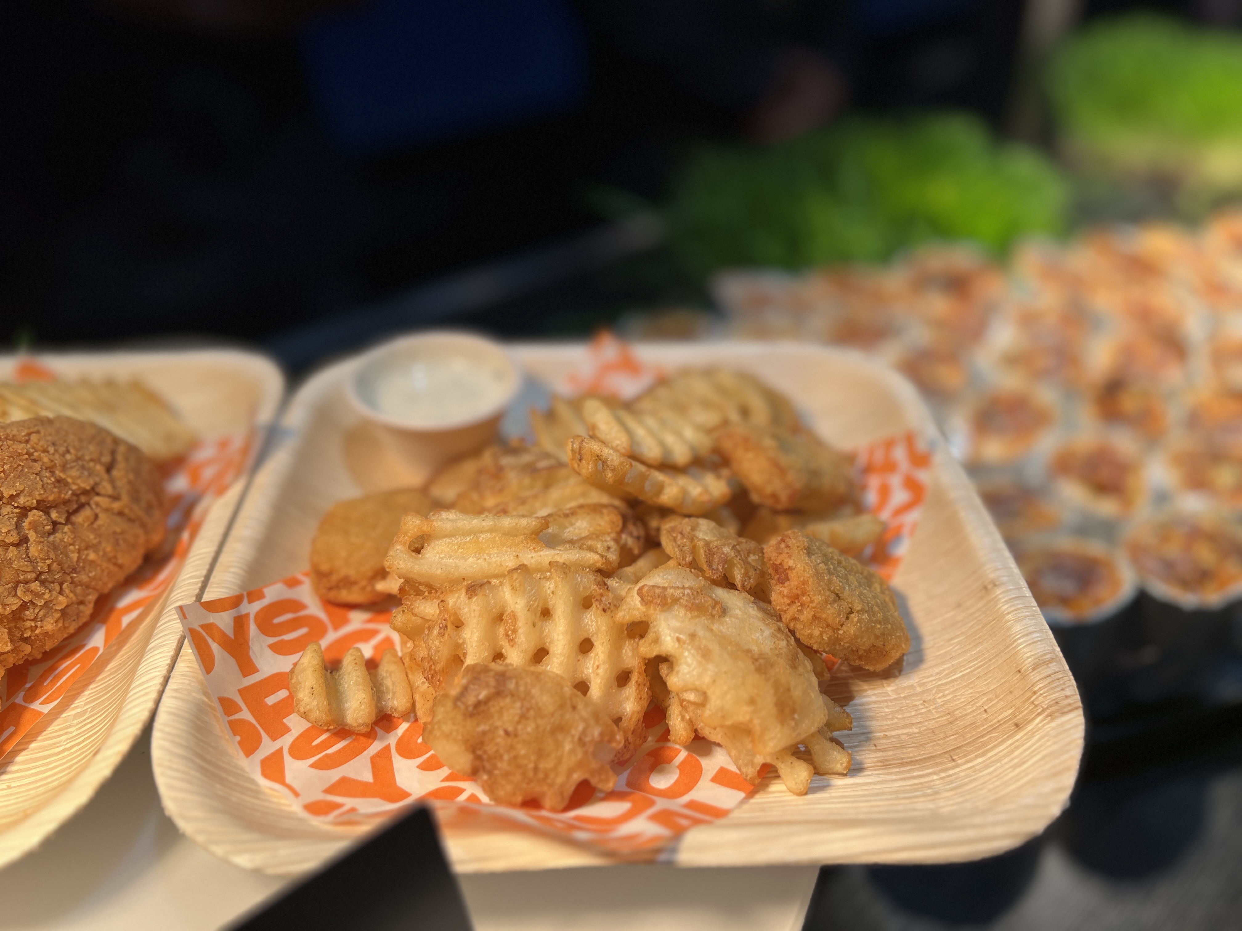 Impossible chicken nuggets and waffle fries with either ranch or garlic aioli dipping sauce. Available at concessions stands throughout Allegiant Stadium for Super Bowl 58.