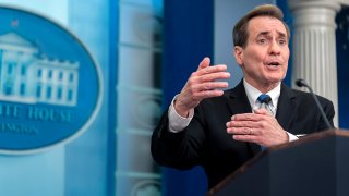 White House national security communications adviser John Kirby speaks at a press briefing at the White House in Washington, Feb. 15, 2024.