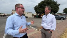 David Zipper, left, an urban planner and subject matter expert on transportation policy and road safety, talks with NBC 5 Senior Investigative Producer Scott Friedman, right, about the way roads are designed in Dallas the encourage higher speeds.