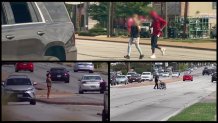 People crossing Ledbetter Road in Dallas, mid-block and without crosswalks.