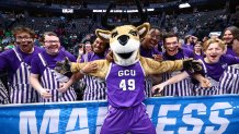 DENVER, CO - MARCH 17: The Grand Canyon Antelopes mascot and band cheer before the game against the Gonzaga Bulldogs during the first round of the 2023 NCAA Men's Basketball Tournament held at Ball Arena on March 17, 2023 in Denver, Colorado. (Photo by Jamie Schwaberow/NCAA Photos via Getty Images)