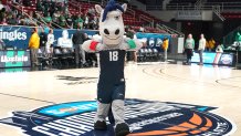 CHARLOTTE, NORTH CAROLINA - MARCH 05: The Longwood Lancers mascot on the floor before the semifinals of the Hercules Tires Big South Conference basketball tournament against the USC Upstate Spartans at the Bojangles Coliseum on March 5, 2022 in Charlotte, North Carolina. (Photo by Mitchell Layton/Getty Images) *** Local Caption ***
