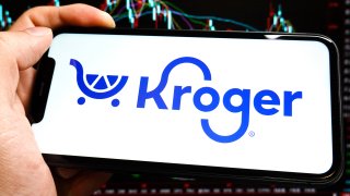 CHINA – 2023/09/02: In this photo illustration, a Kroger logo is displayed on the screen of an iPhone. (Photo Illustration by Sheldon Cooper/SOPA Images/LightRocket via Getty Images)