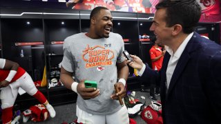 Chris Jones #95 of the Kansas City Chiefs celebrates in the locker room after Super Bowl LVIII against the San Francisco 49ers