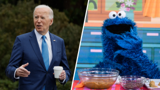 (L-R) President Joe Biden; Cookie Monster.