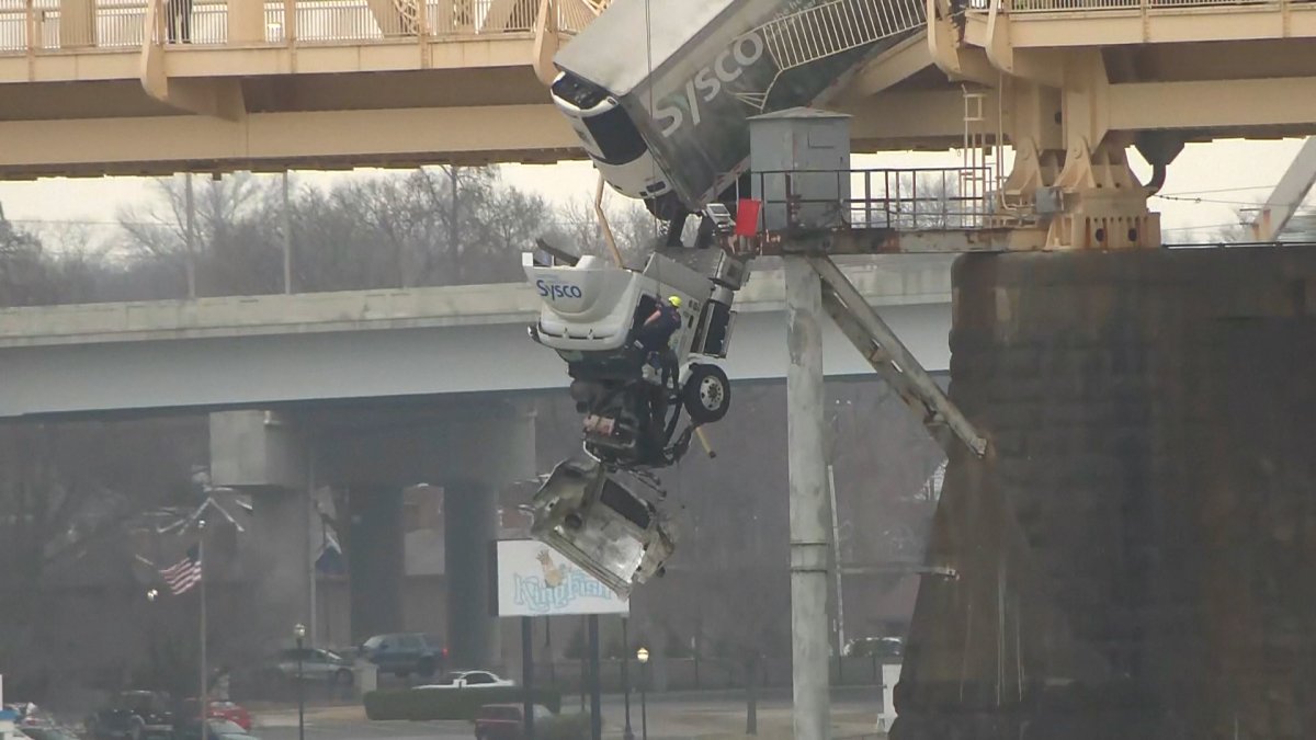 Truck driver pulled to safety after crash leaves vehicle dangling over bridge across Ohio River