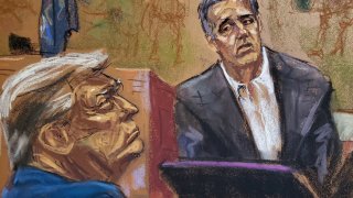 In this courtroom sketch, Michael Cohen looks toward former U.S. President Donald Trump as he is questioned by a lawyer for the attorney general’s office, during the Trump Organization civil fraud trial in New York State Supreme Court in the Manhattan borough of New York City on Oct. 24, 2023.