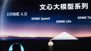 Baidu CEO Robin Li speaks during the company’s Create conference in Shenzhen, China, on April 16, 2024.