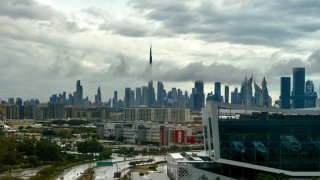 A view of the street after heavy rainfall as adverse weather conditions affect daily life in Dubai.