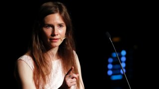 FILE - Amanda Knox speaks at a Criminal Justice Festival at the University of Modena, Italy, Saturday, June 15, 2019.