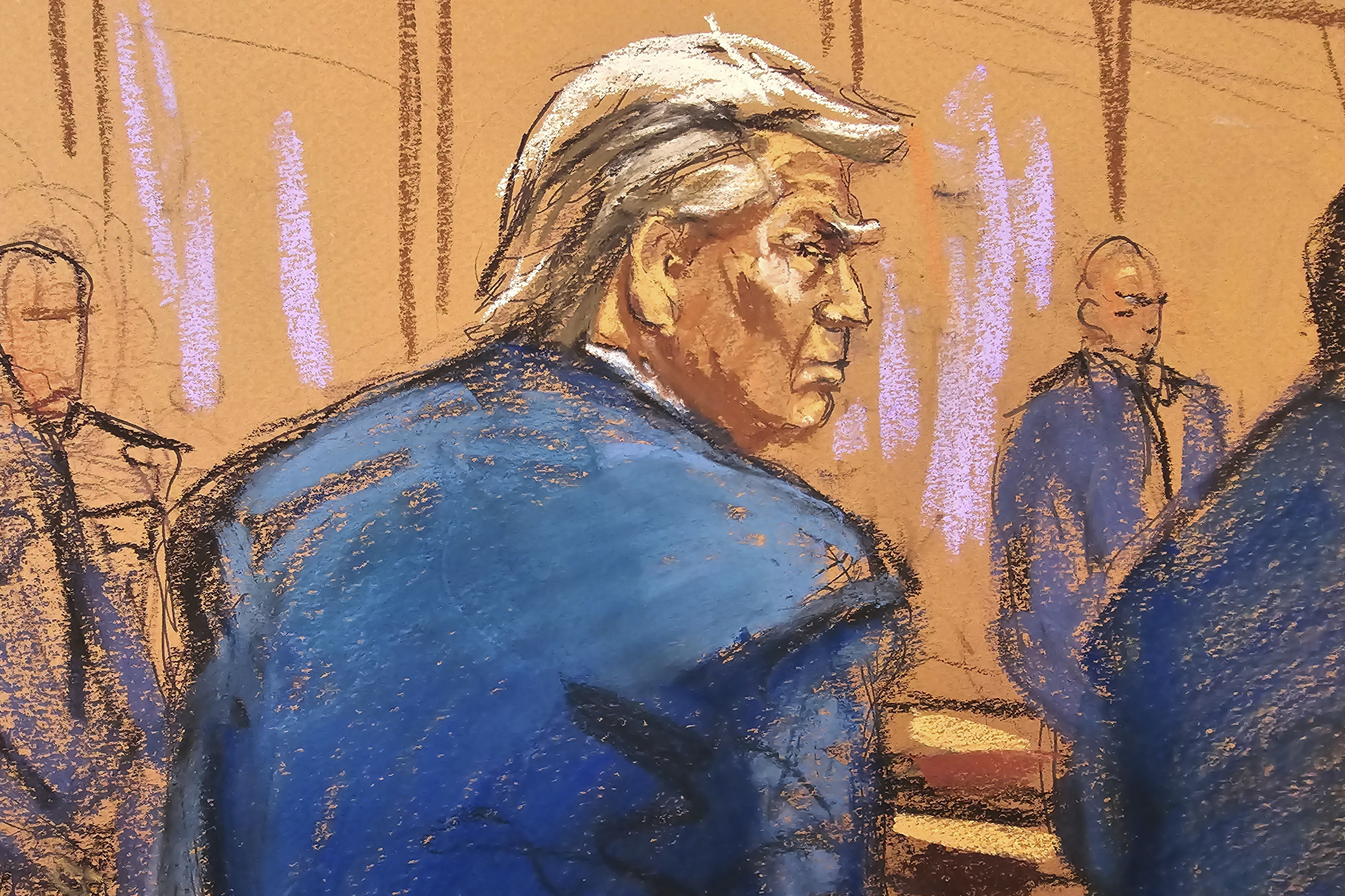 In this courtroom sketch former President Donald Trump enters the courtroom with his attorney Todd Blanche at the beginning of his trial over charges that he falsified business records to conceal money paid to silence porn star Stormy Daniels in 2016, in Manhattan state court in New York, Monday, April 15, 2024.
