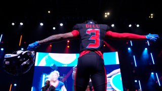 Houston Texans wide receiver Tank Dell wears a new uniform during an NFL football uniform release party Tuesday, April 23, 2024, in Houston. (AP Photo/David J. Phillip)