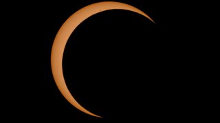 BOERNE, TEXAS – OCTOBER 14: An annular solar eclipse is seen on October 14, 2023 in Boerne, Texas. Differing from a total solar eclipse, the moon in an annular eclipse appears too small to cover the sun completely, leaving a ring of fire effect around the moon. The next annular solar eclipse visible from the United States won’t happen until June 21, 2039. (Photo by Rick Kern/Getty Images)