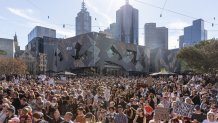 People gather at Federation Square during a rally against women's violence