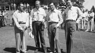 AUGUSTA, GA – 1930’s: Bobby Jones, Ed Dudley, Ben Hogan and Byron Nelson during a 1930’s Masters Tournament at Augusta National Golf Club in Augusta, Georgia. (Photo by Augusta National/Getty Images)