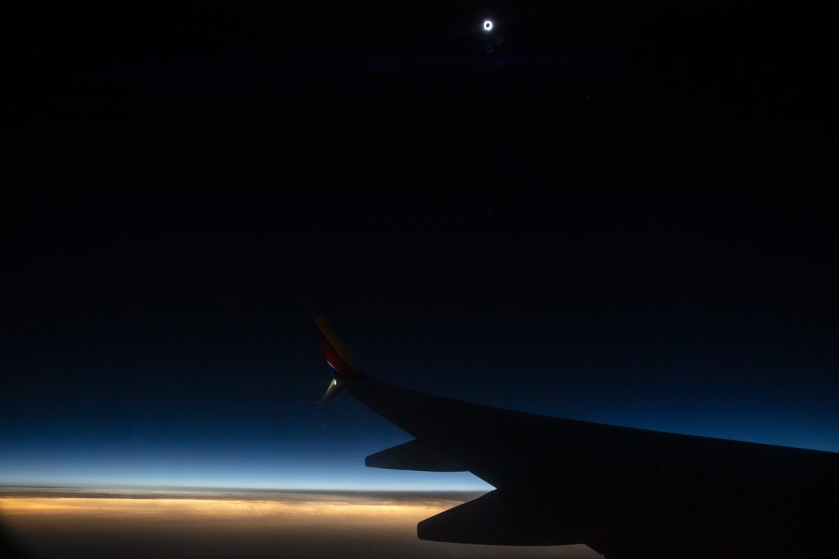 Southwest Airlines flight #1910 from St Louis to Houston passes through the totality of the solar eclipse on April 8, 2024. Photo credit: Stephen M. Keller