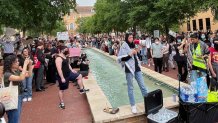 A student with the Palestine Solidarity Committee leads a protest on the University of North Texas campus in Denton, Texas, on Tuesday, April 30, 2024.