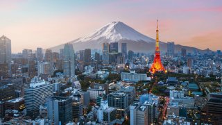 Mt. Fuji and the Tokyo skyline.