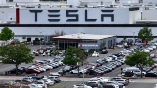 An aerial view of the Tesla Fremont Factory on April 24, 2024 in Fremont, California. 