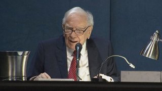 Warren Buffett speaks during the Berkshire Hathaway Annual Shareholders Meeting in Omaha, Nebraska on May 4, 2024.