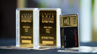 Gold bars arranged at the Korea Gold Exchange store in Seoul, South Korea, on Friday, Oct. 13, 2023.
