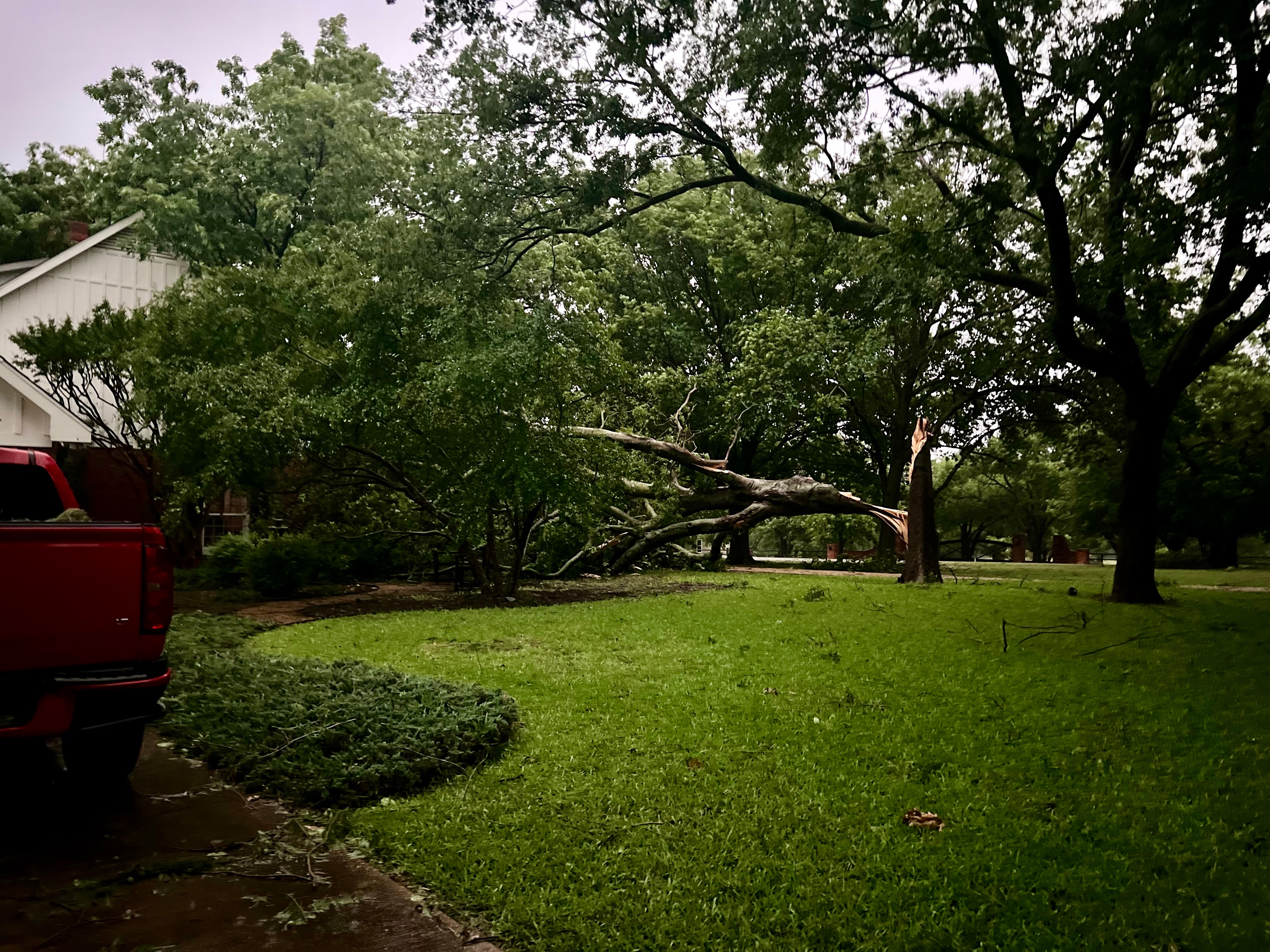 In Parker, Texas. Tornado sirens woke me up. Several large trees snapped around 5:45 am. This 40 year old tree just missed hitting the house. Street is blocked with downed trees and branches.