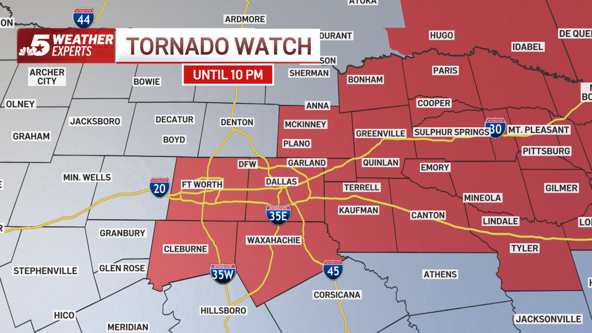 The National Weather Service's Storm Prediction Center issued a Tornado Watch Wednesday until 10 p.m. for a large part of North Texas.