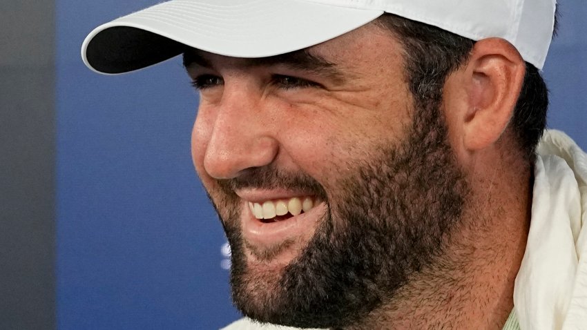 Scottie Scheffler speaks during a news conference during the PGA Championship golf tournament at the Valhalla Golf Club, Tuesday, May 14, 2024, in Louisville, Ky.