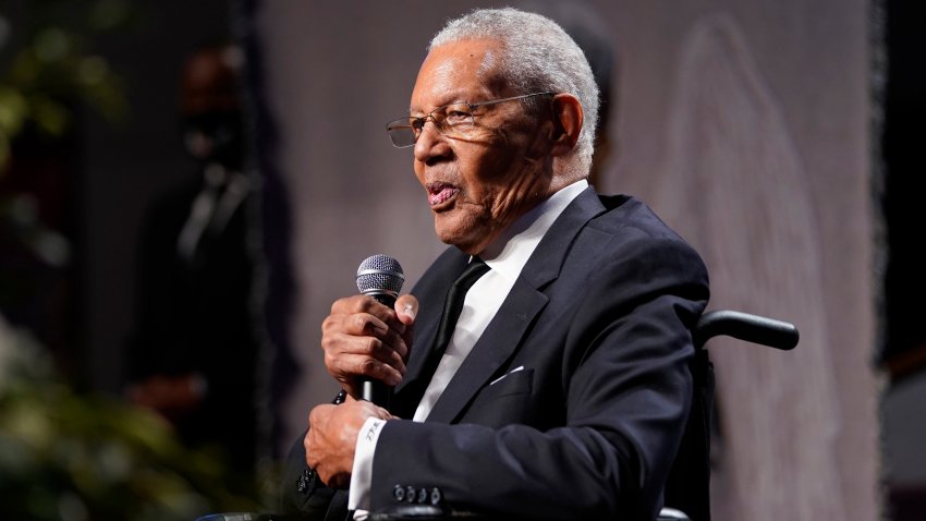 The Rev. William Lawson speaks during a funeral service for George Floyd at The Fountain of Praise church, June 9, 2020, in Houston. Rev. Lawson, a longtime pastor and civil rights leader who helped desegregate Houston and worked with the Rev. Martin Luther King Jr. during the civil rights movement, has died. He was 95. Lawson’s longtime church, Wheeler Avenue Baptist Church, announced on its website that he had died on Tuesday, May 14, 2024.