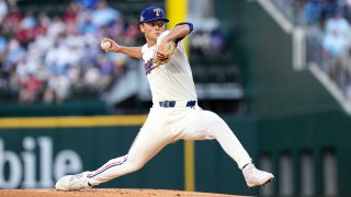 Texas Rangers starting pitcher Jack Leiter throws to the Cleveland Guardians during the first inning of a baseball game Tuesday, May 14, 2024, in Arlington, Texas.