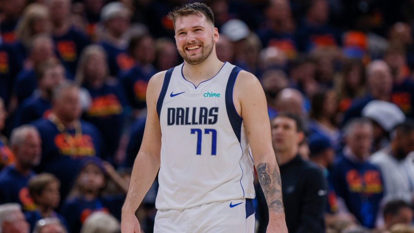 Dallas Mavericks guard Luka Doncic reacts during the second half of Game 5 of an NBA basketball second-round playoff series against the Oklahoma City Thunder, Wednesday, May 15, 2024, in Oklahoma City. The Mavericks won 104-92.