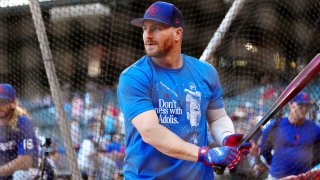 PHOENIX, AZ – NOVEMBER 01: Robbie Grossman #4 of the Texas Rangers takes batting practice prior to during Game 5 of the 2023 World Series between the Texas Rangers and the Arizona Diamondbacks at Chase Field on Wednesday, November 1, 2023 in Phoenix, Arizona.